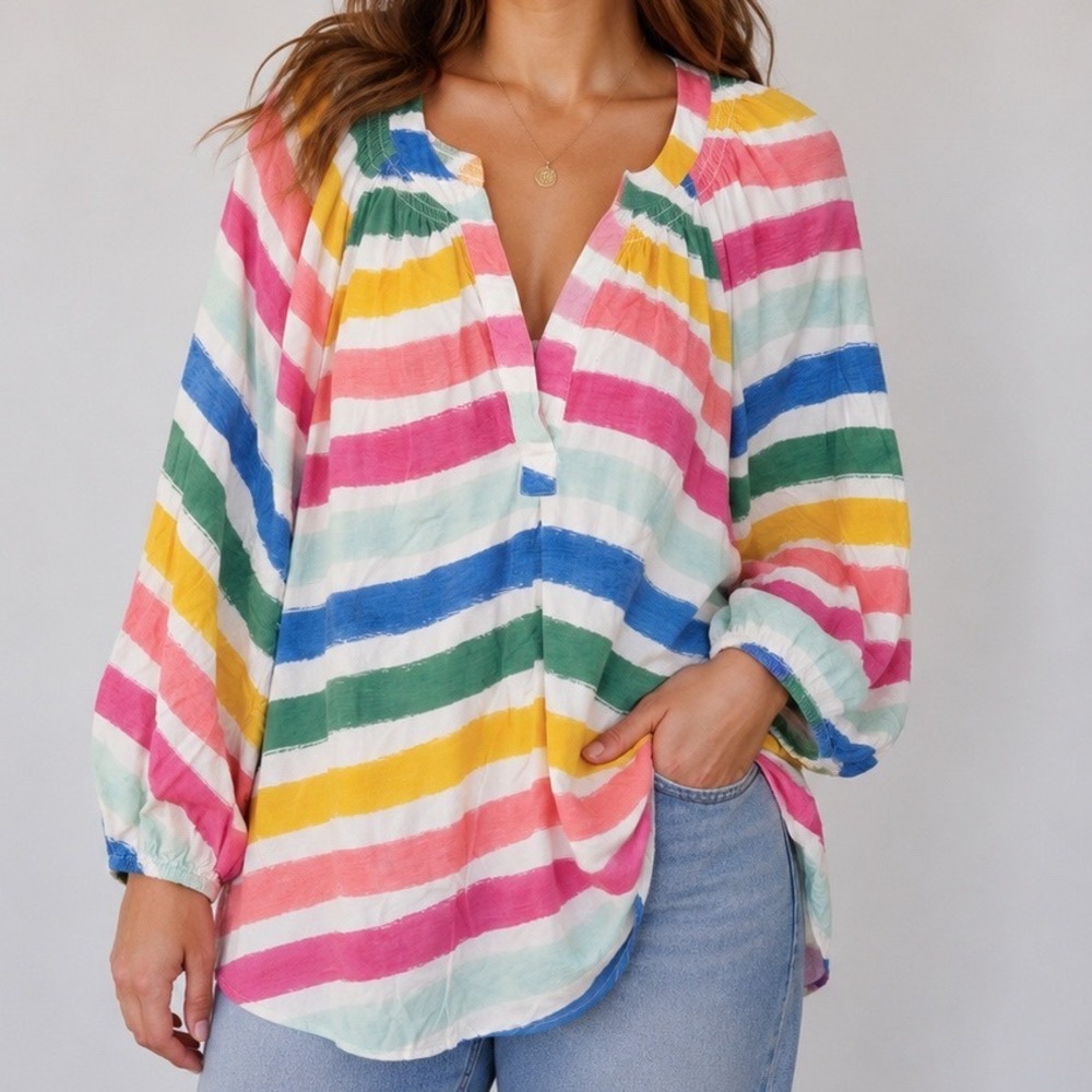 Crown & Ivy‎ Rainbow Stripe Peasant Blouse Large Rayon Stretch Colorful Boho